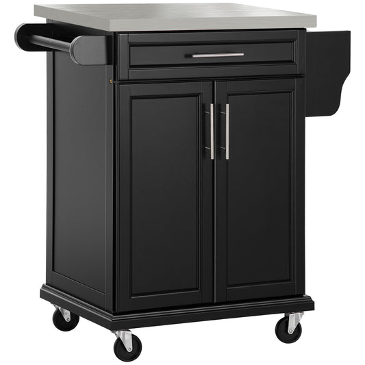 Rolling Kitchen Island with Stainless Steel Top - Black