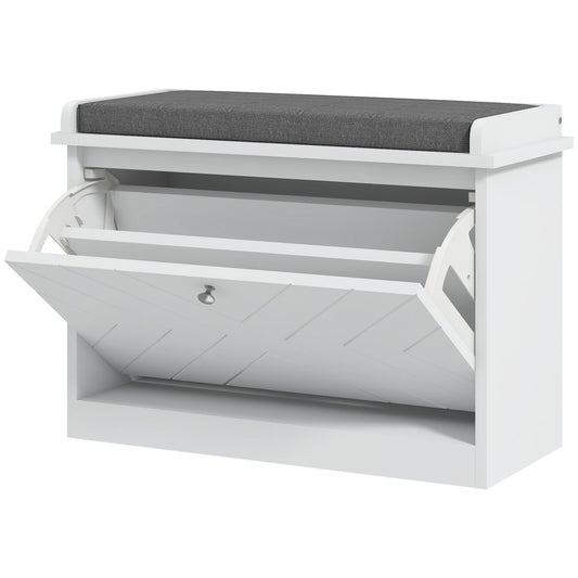 Shoe Storage Bench with Flip Drawer - White