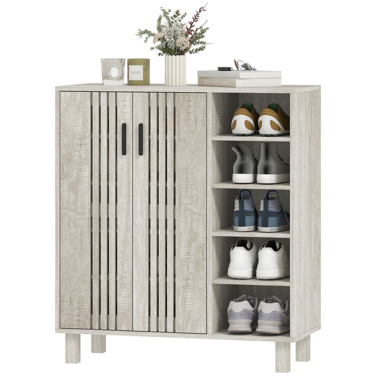Shoe Storage with Double Doors and Open Shelves 17 Pair Shoe Storage Organizer for Entryway Hallway Light Grey