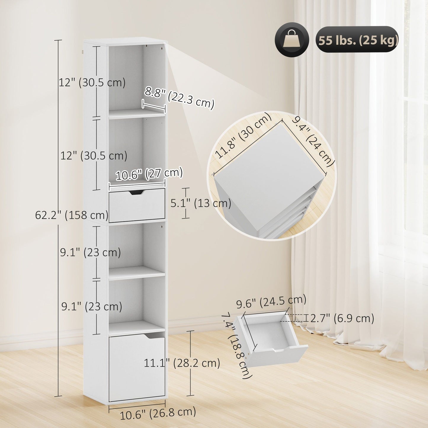 6-Tier Tall Narrow Bookshelf with Drawer and Door - White