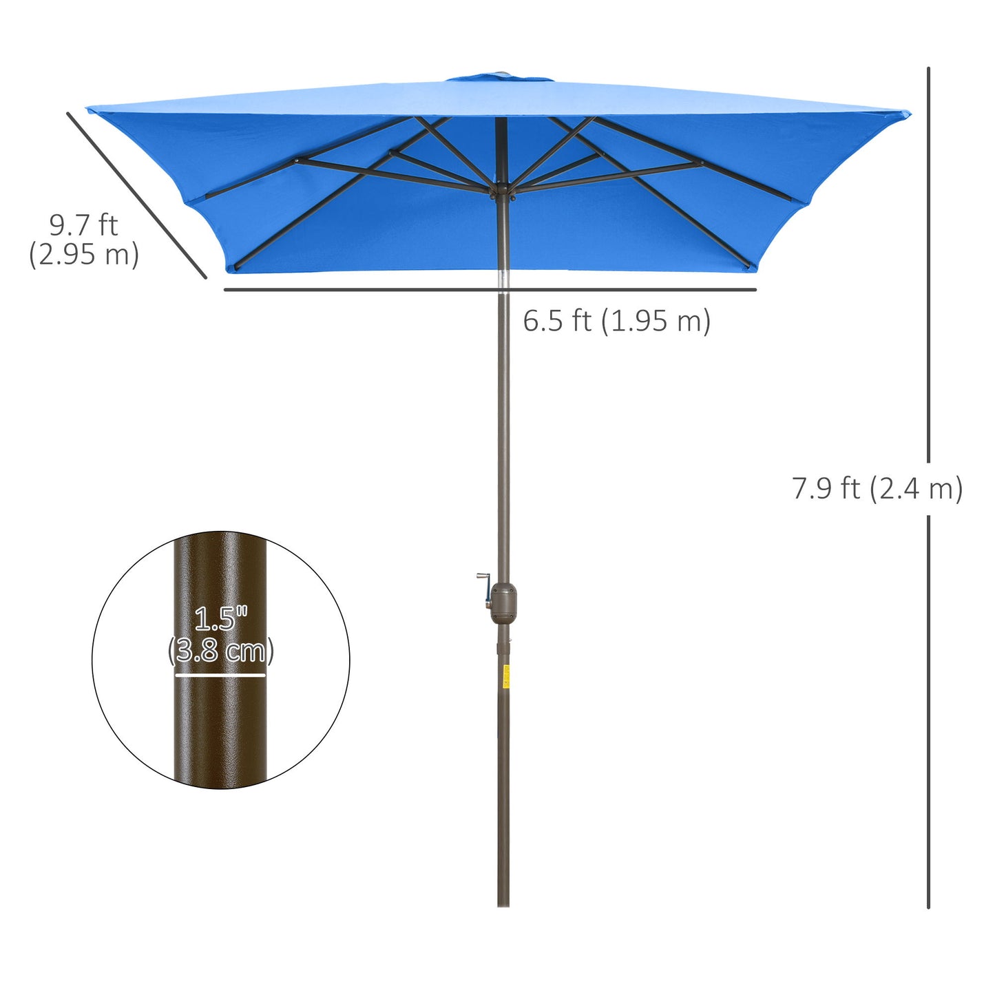 6.5x10ft Patio Umbrella, Rectangle Market Umbrella with Aluminum Frame and Crank Handle, Garden Parasol Outdoor Sunshade Canopy, Blue