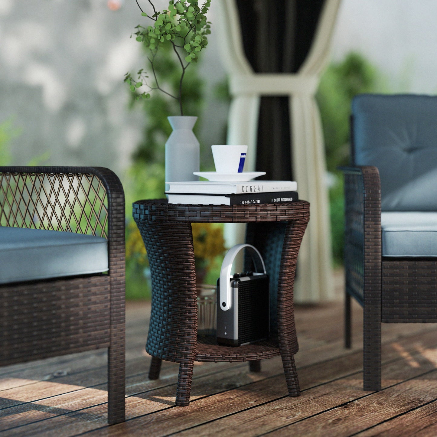 18" Wicker Outdoor Coffee Table, PE Rattan Patio Side Table with 2-Tier Storage, Composite Wood Top, Brown