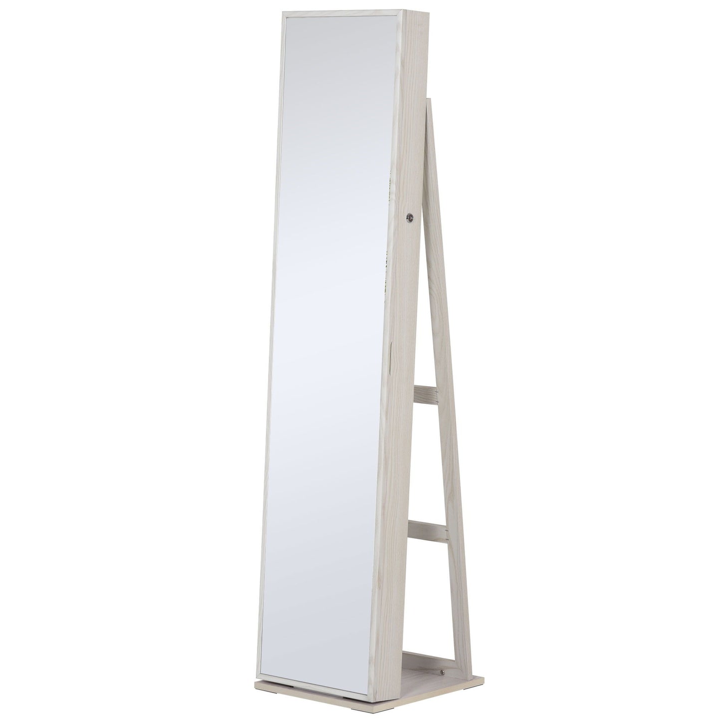Mirror Jewelry Cabinet Armoire, Lockable Jewelry Organizer with Full-Length Mirror, LED Lights, Standing Jewelry Armoire in White Wood