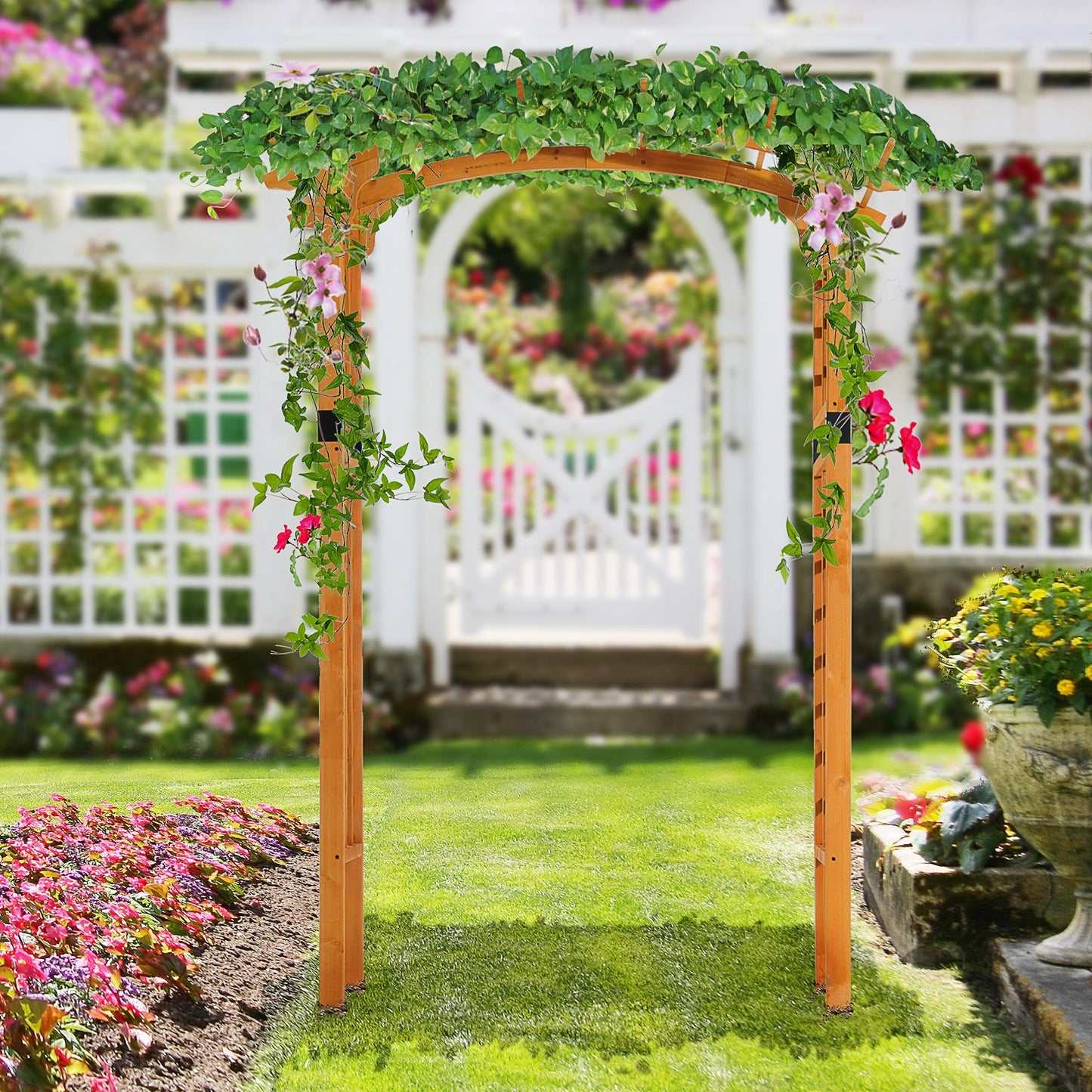 7.5FT Wood Garden Arch Trellis, Outdoor Walkway Round Pergola Style Arbor for Decorative Climbing Plants, Patio, Lawn, Backyard Party, Ceremony Decoration Accessories, Yellow