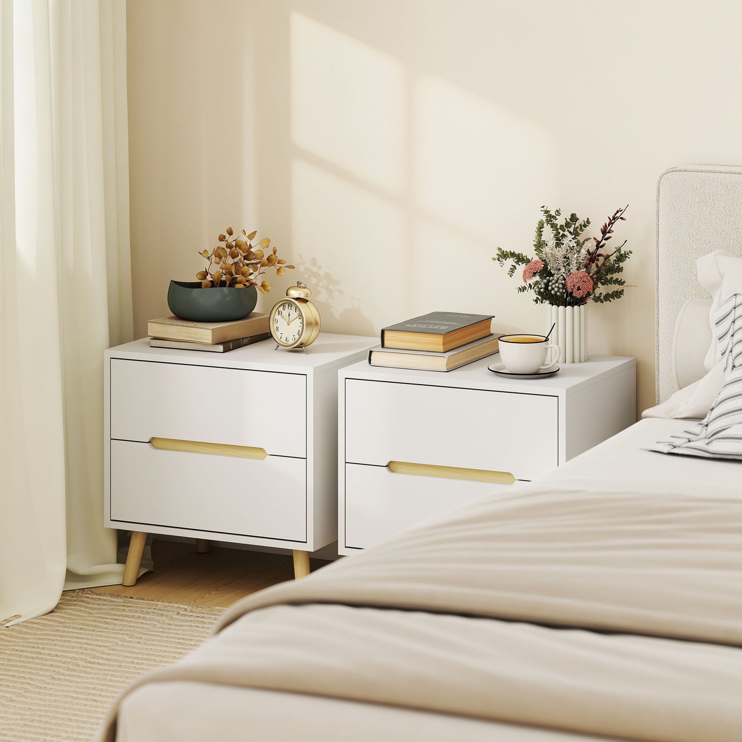 Nightstands Set of 2, Bedside Table with 2 Drawers, Modern Side End Table with Solid Wood Legs for Bedroom, White