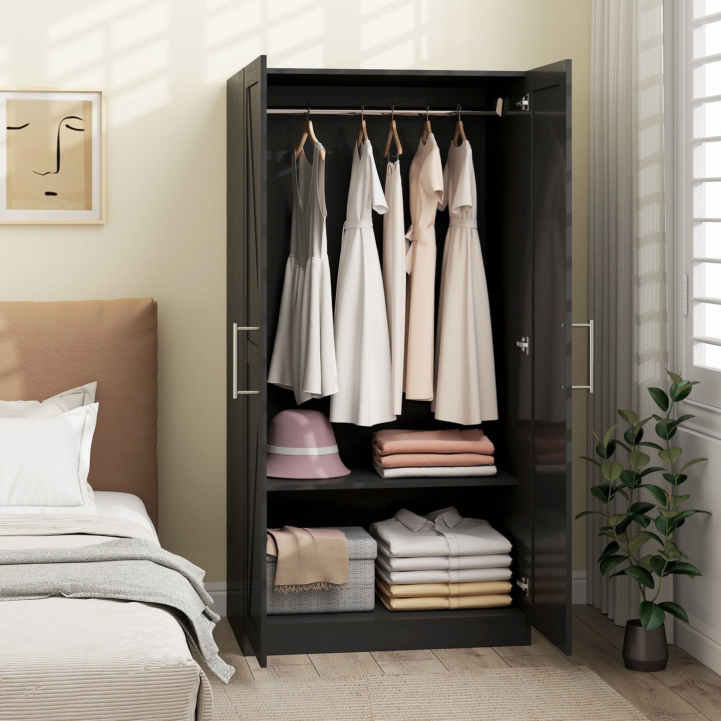 Wardrobe Cabinet with 2 Barn Doors and Hanging Rod, Farmhouse Armoire Wardrobe Closet for Bedroom, Black Wood Effect
