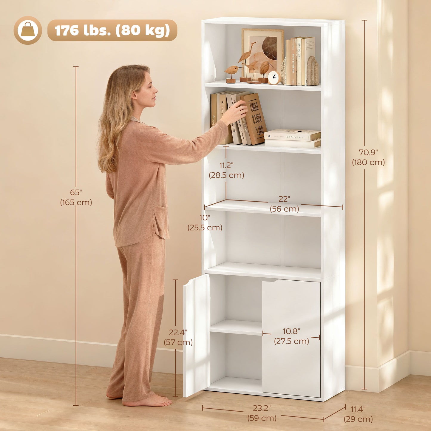 4-Tier Open Bookshelf with Doors Modern Home Office Bookcase Storage Cabinet for Living Room Bathroom Study, White