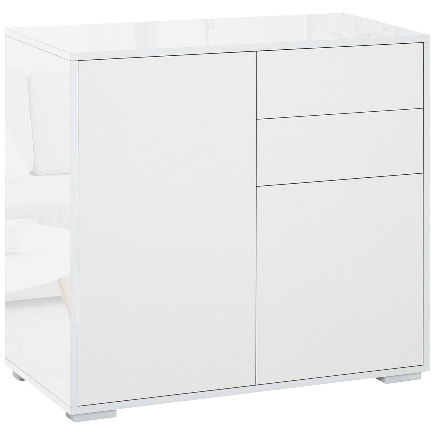 High Gloss Buffet Sideboard with 2 Drawers, 2 Doors and Adjustable Shelf, Kitchen Storage Cabinet with Push Open Design, White