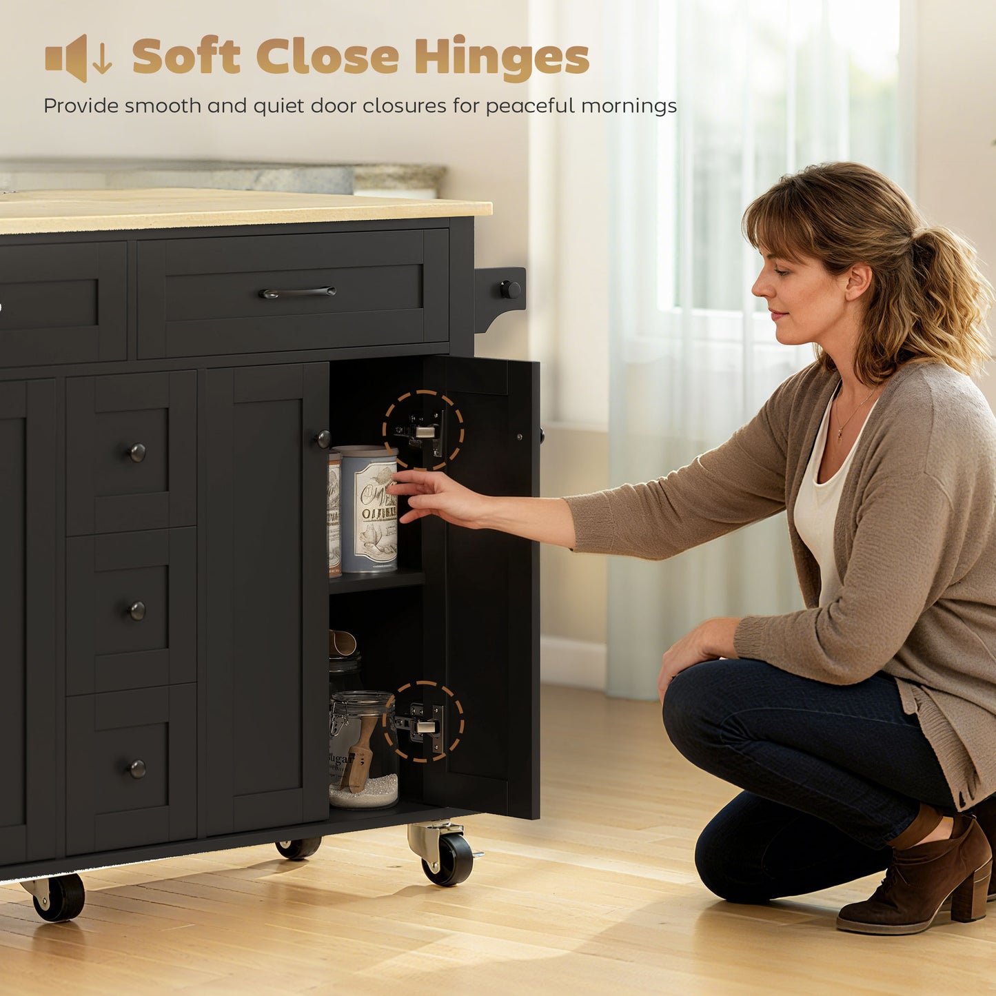 Kitchen Island Cart with Power Outlet & Drop Leaf, 55" Rolling Kitchen Island on Wheels with Storage, Black