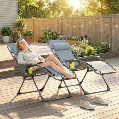 Zero Gravity Chair Set of 2, Folding Reclining Outdoor Lounge Chair with Cup Holder, Headrest, Brown - Light Grey