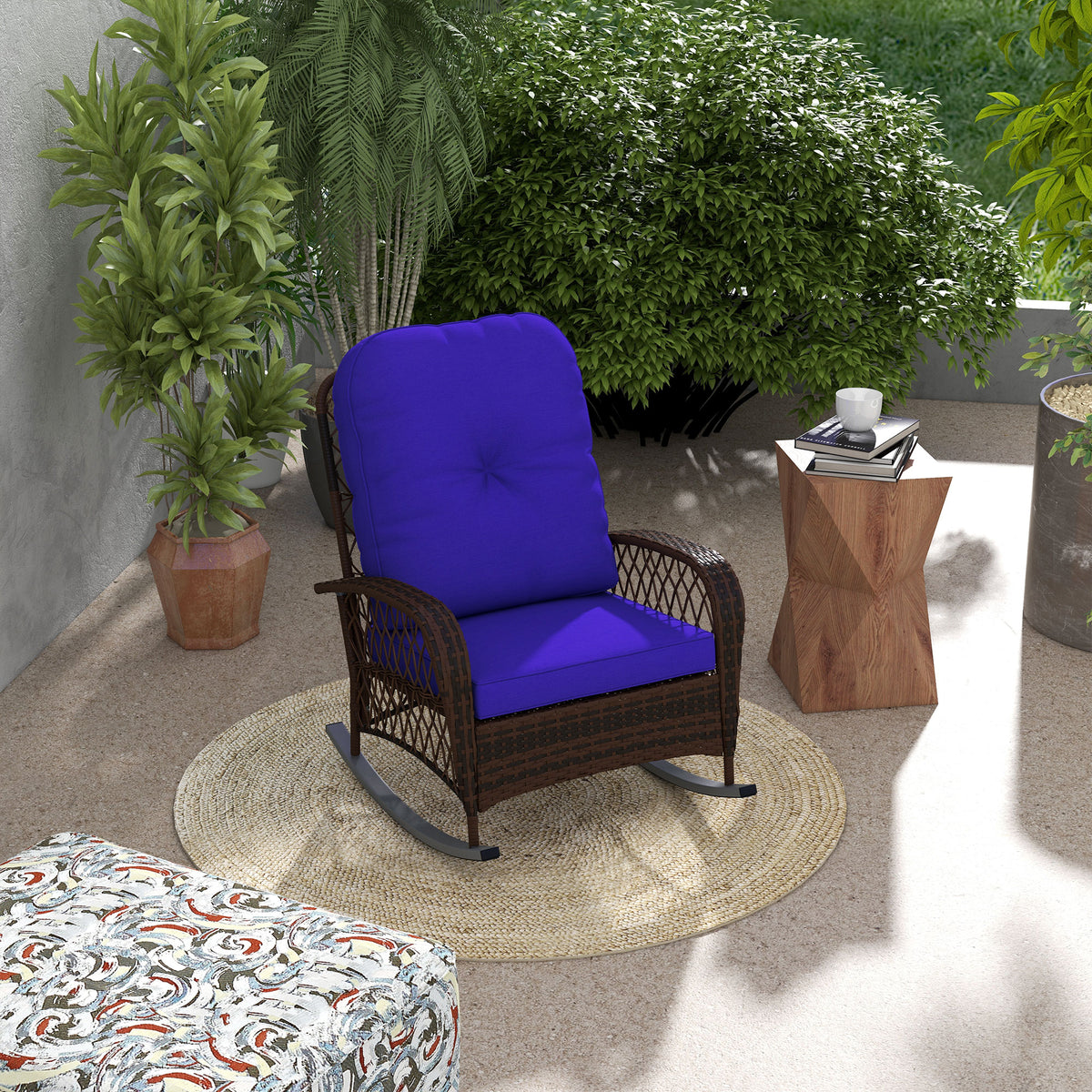 Outdoor Wicker Rattan Rocking Chair Patio Rocker with Thick Cushions for Garden Backyard Porch, Dark Blue