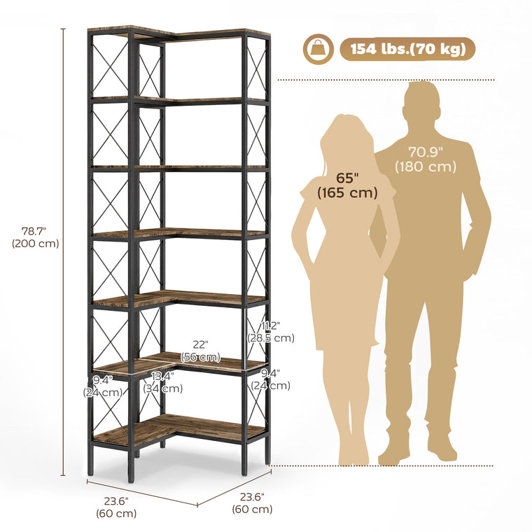 6-Tier L-Shaped Corner Bookcase with Metal Frame - Rustic Brown