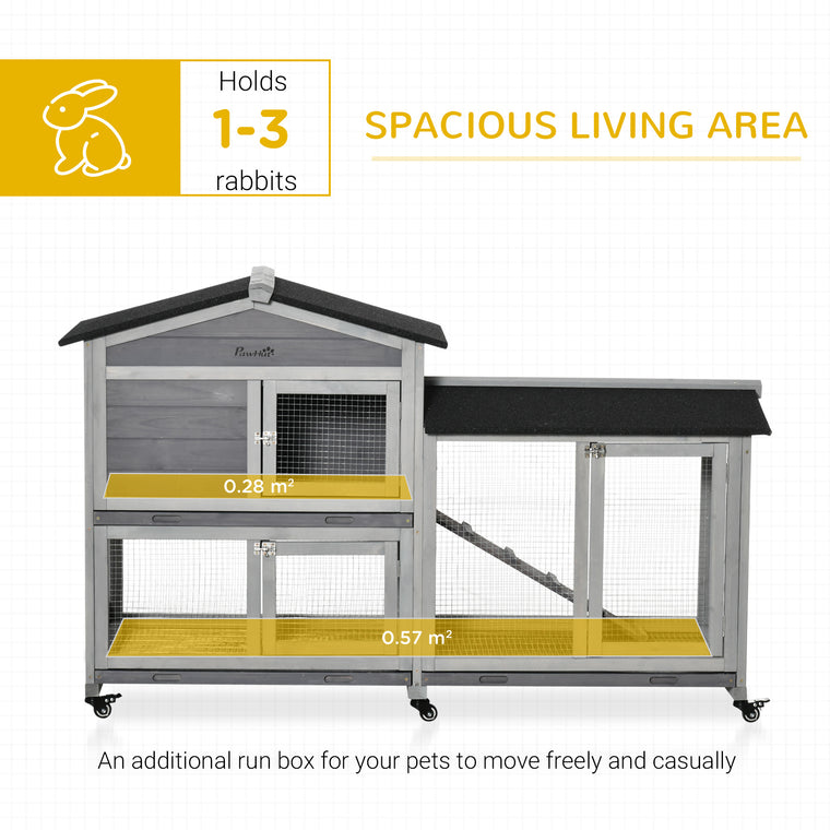 62" Light Grey Wooden Rabbit Hutch with Wheels & Run Box