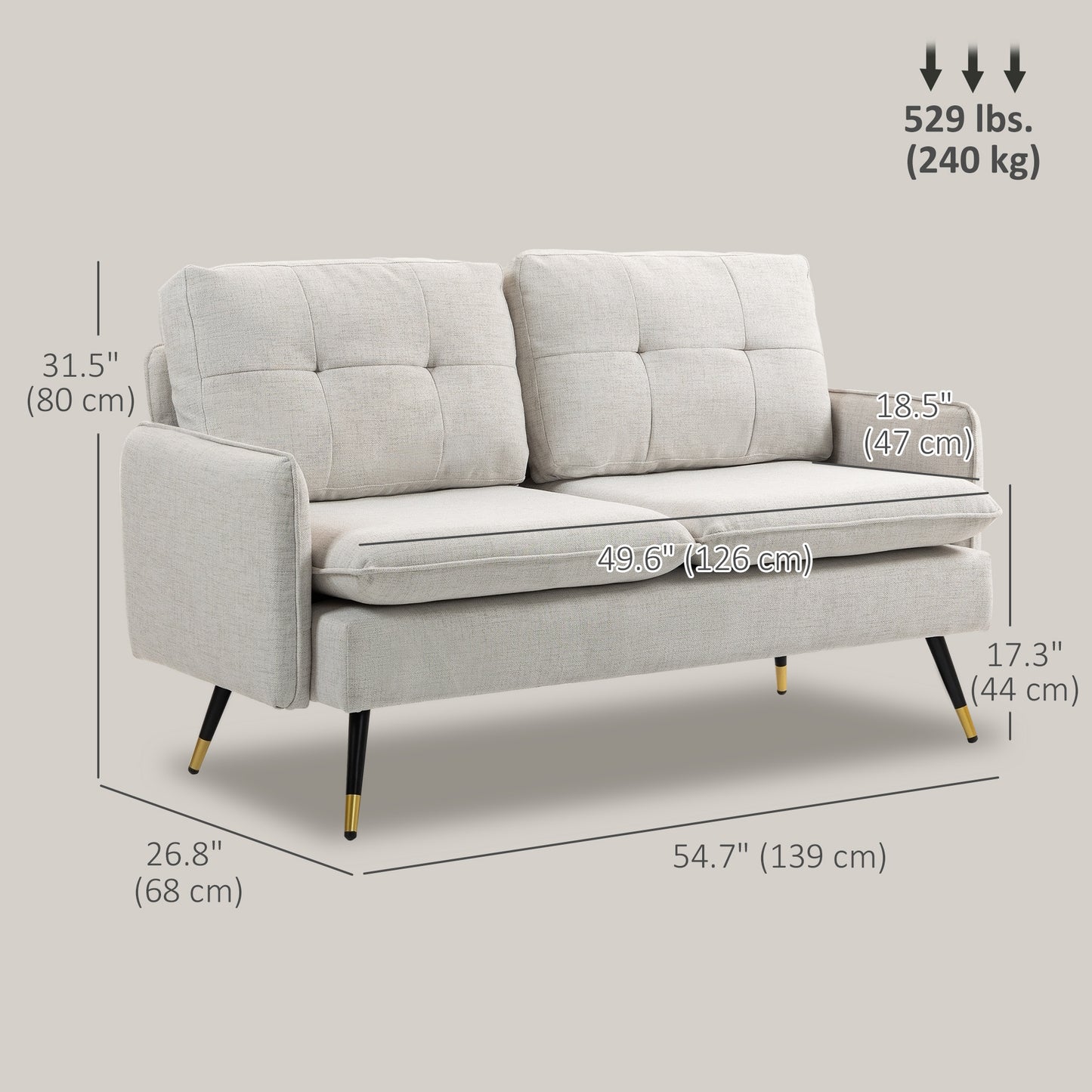 55" Loveseat Sofa, Linen Love Seat w/ S spring, Steel Legs and Button Tufting, Small Couch for Living Room, Cream White