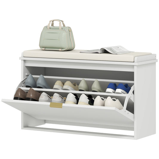 Entryway Shoe Storage Bench with Flip-Drawers - White