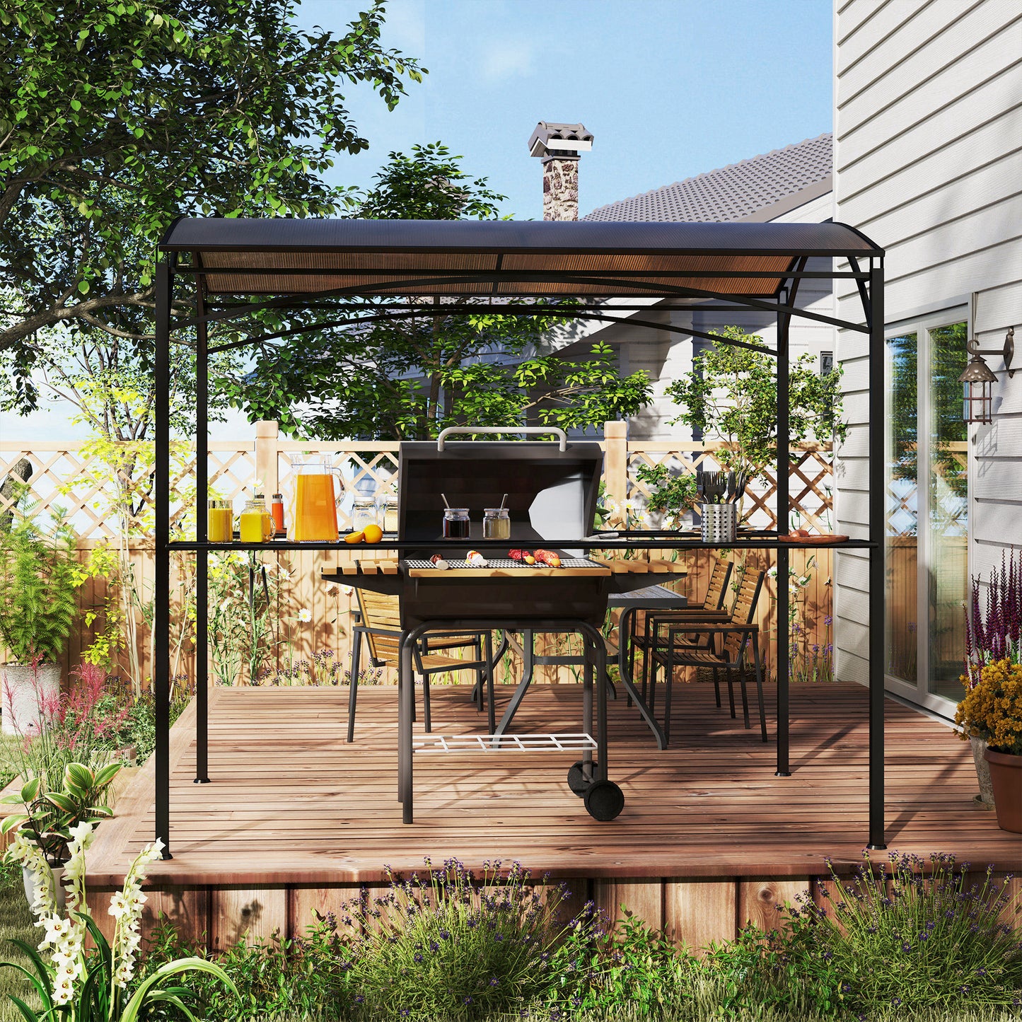 8' x 5' Hardtop Grill Gazebo, Outdoor BBQ Gazebo with PC Board Roof, BBQ Canopy Gazebo with 2 Side Shelves and 10 Hooks