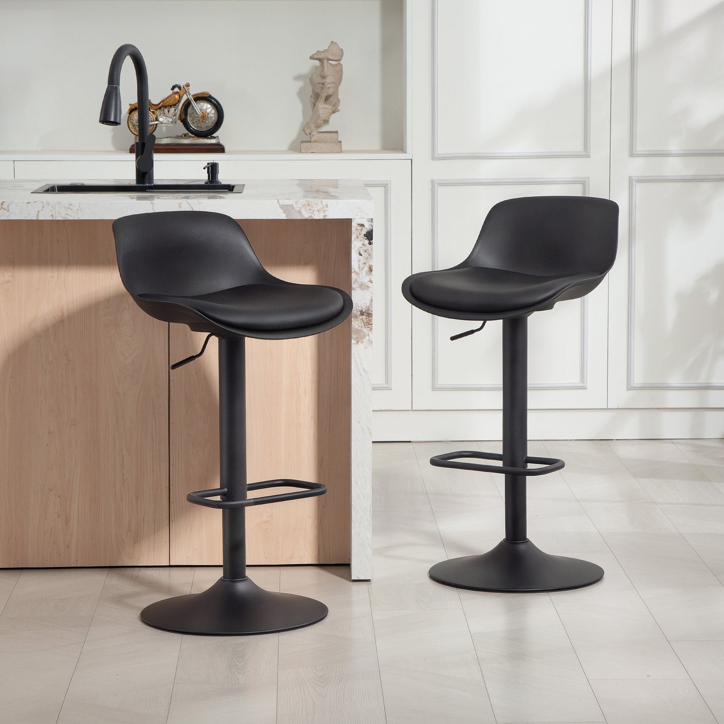 Counter Height Bar Stools Set of 2, Streamlined Bar Chairs with Adjustable Height and Swivel PU Leather Seat, Black