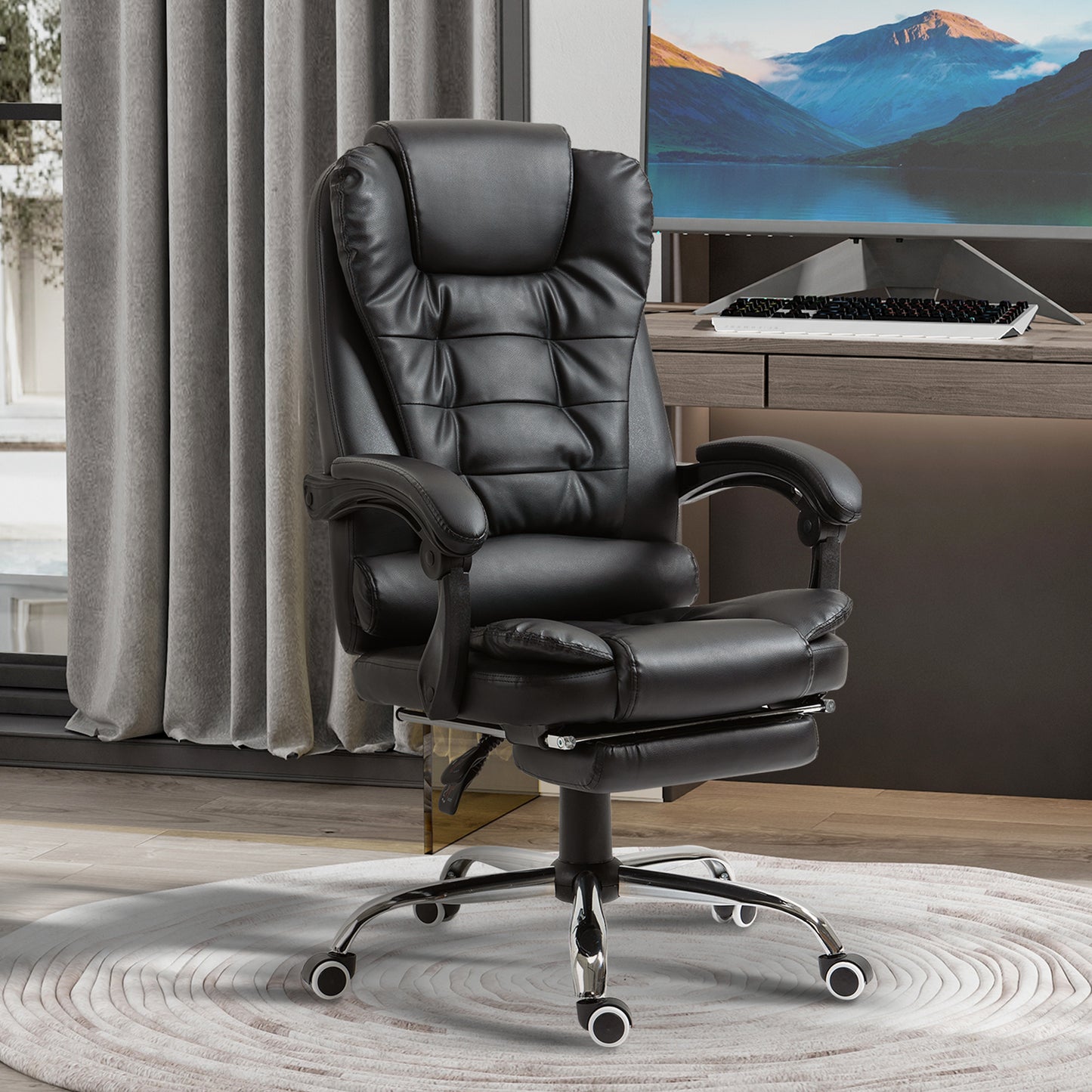Ergonomic Office Chair with Back Support, PU leather Executive Office Chair with High Back, Retractable Footrest, Black