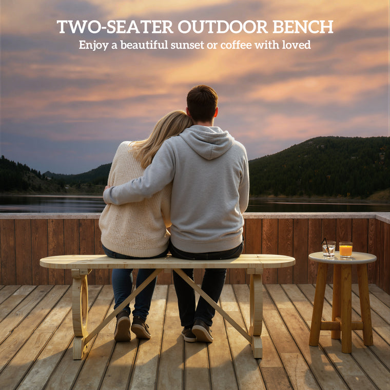2-Person Wood Garden Bench with Wagon Wheel Legs