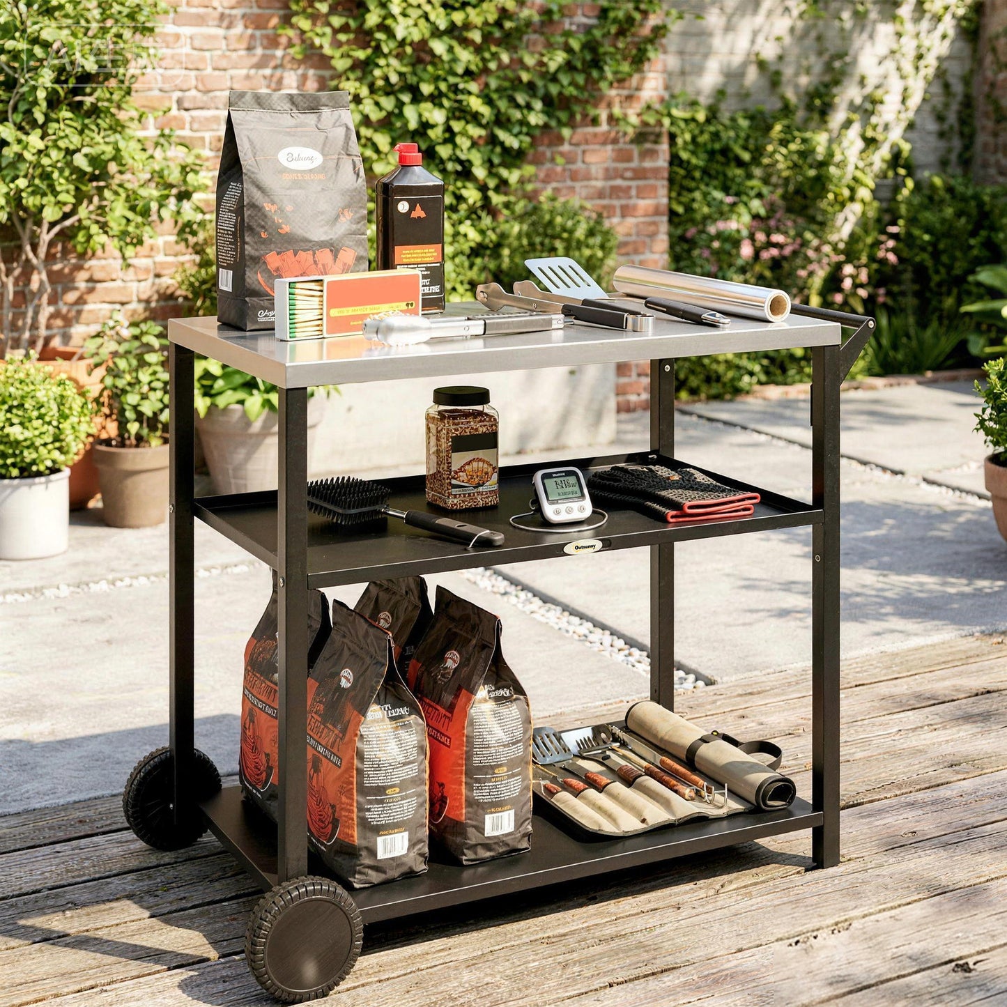 Outdoor Grill Cart with Stainless Steel Top, Three-Tier Pizza Oven Stand, BBQ Cart on Wheels, Black