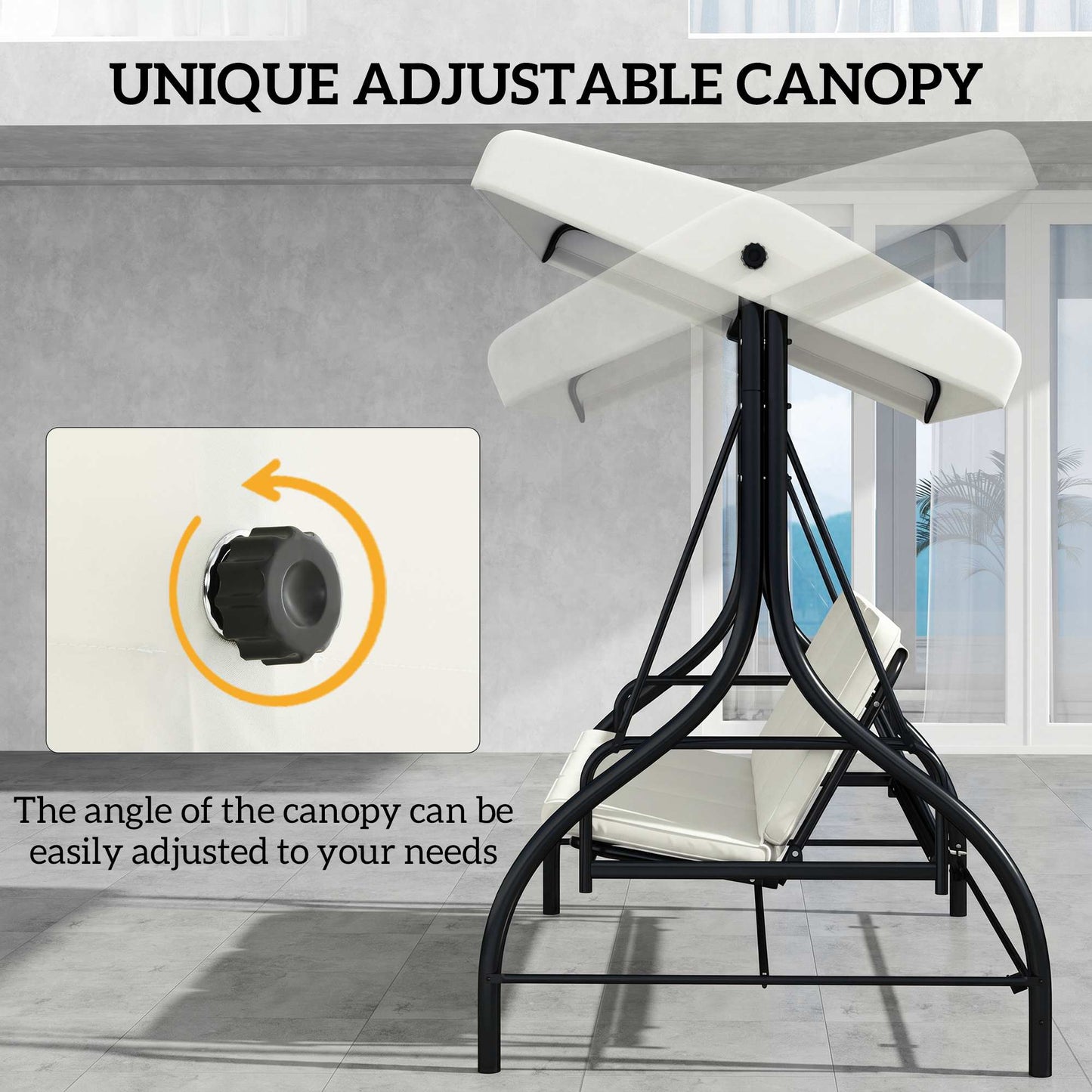 Convertible Patio Swing Bed with Canopy and Cushions, 3 Seater Porch Swing for Outdoor, Backyard, Garden, Beige