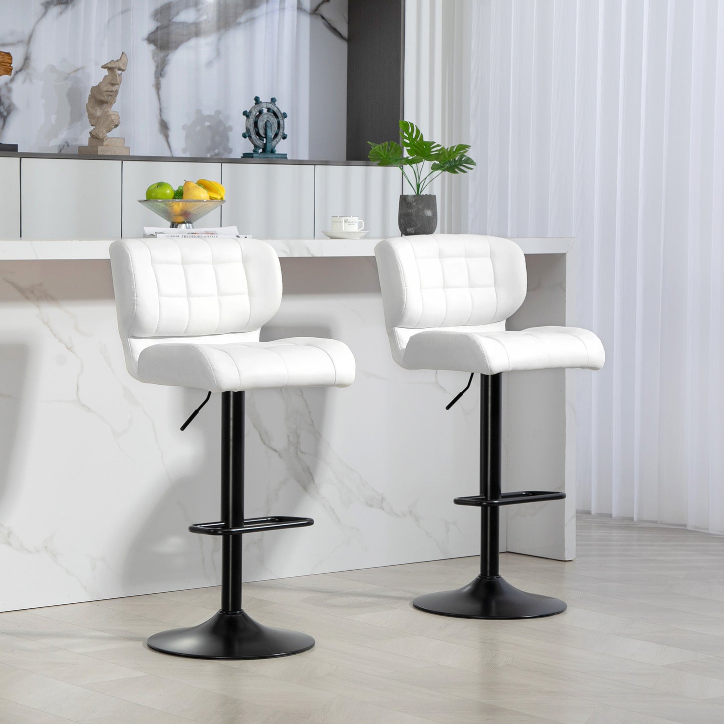 Swivel PU Leather Barstools Set of 2 Adjustable Bar Stools with Footrest Back for Kitchen Counter Dining Room White