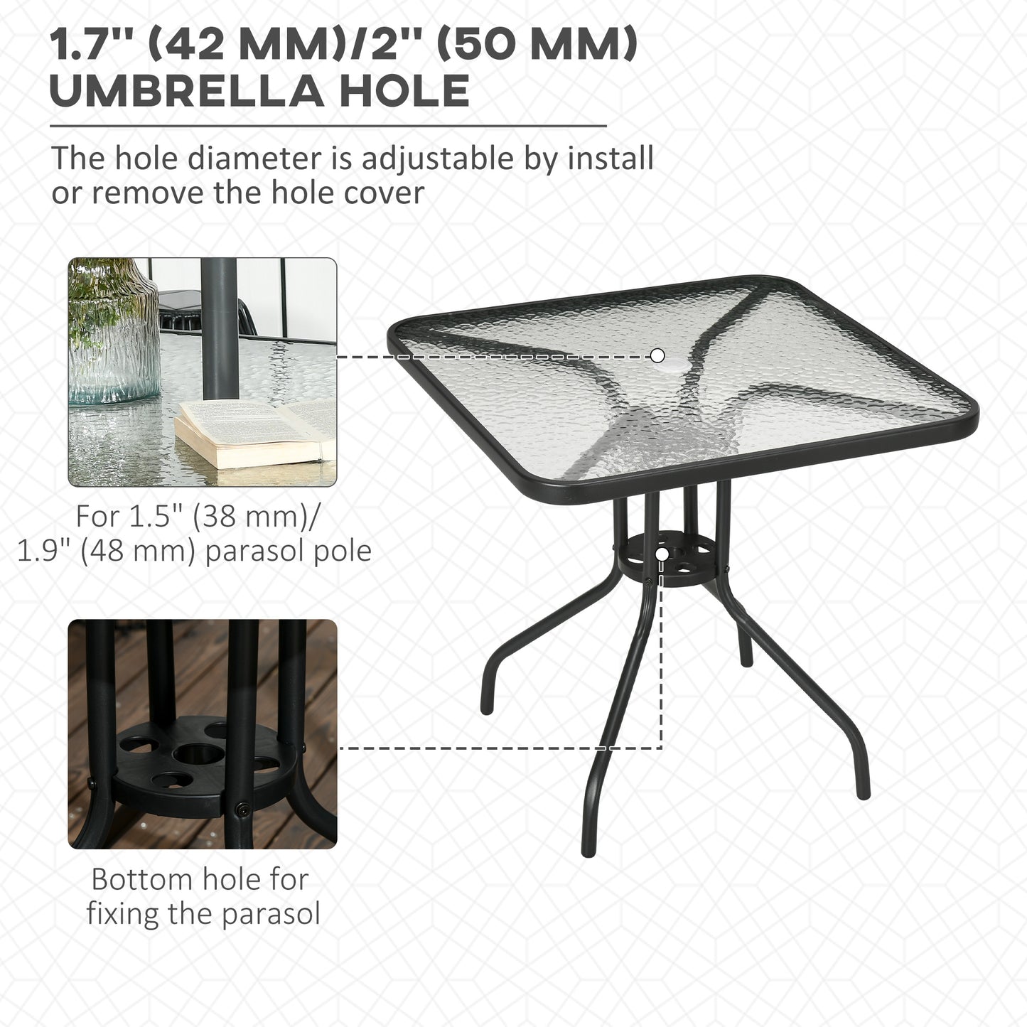 Square Patio Dining Table with Umbrella Hole Tempered Glass Top Outdoor Dining Table for Garden Balcony Black