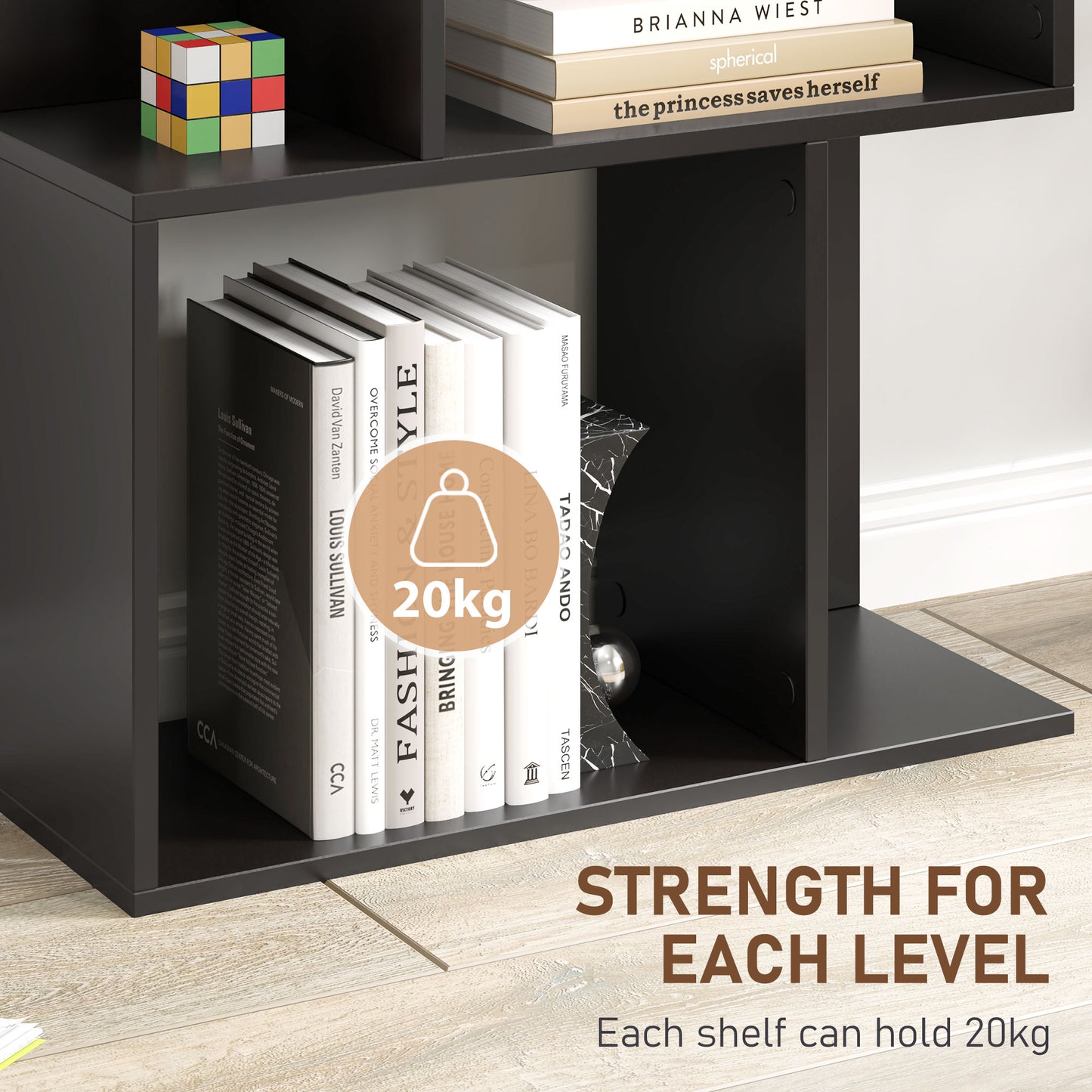5-Tier Geometric Bookshelf, S Shaped Bookcase, Modern Freestanding Display Shelf Unit for Home Office, Black