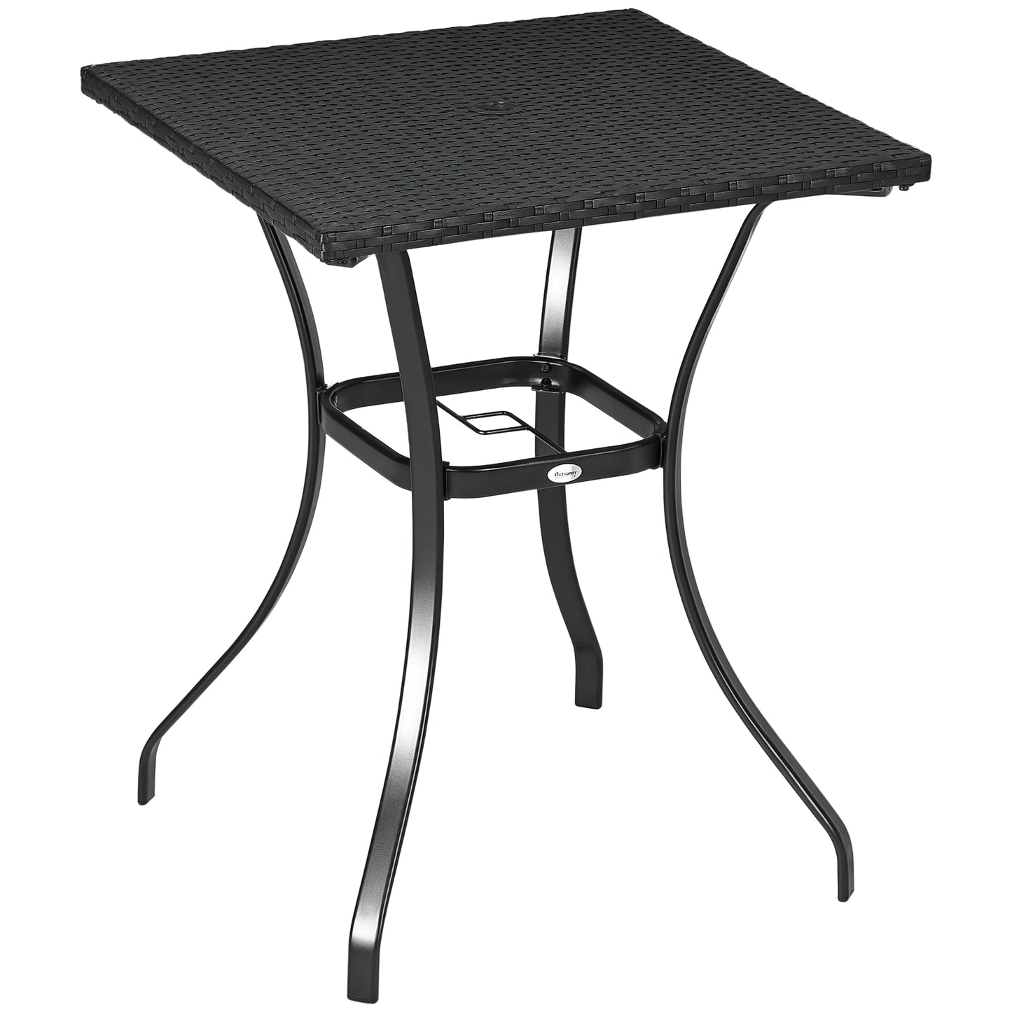 Patio Wicker Dining Table with Umbrella Hole, 34 Inch Outdoor PE Rattan Coffee Table with Plastic Board Under the Woven Table Top for Patio, Garden, Balcony, Mixed Brown