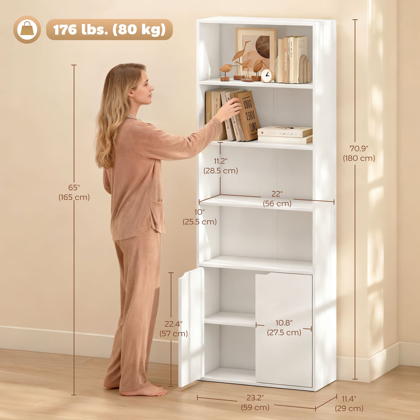 4-Tier Open Bookshelf with Doors Modern Home Office Bookcase Storage Cabinet for Living Room Bathroom Study, White
