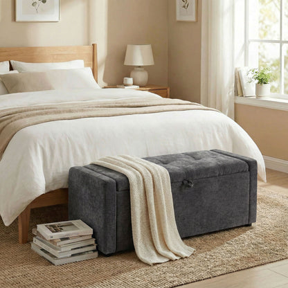 Linen-Look Storage Ottoman Bench