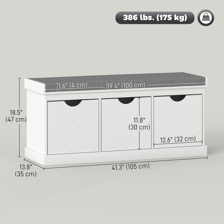 Shoe Storage Bench with 3 Drawers and Cushion - White