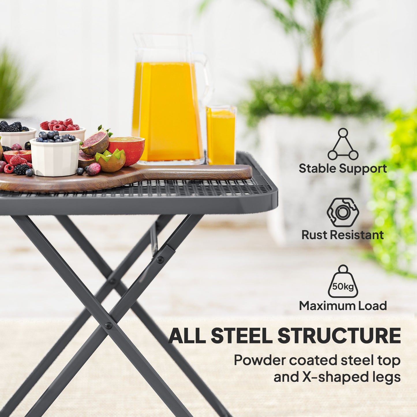 27.5" Square Outdoor Patio Table, Outdoor Folding Table with Grid Rattan-Like Top for Camping, Picnic, Black