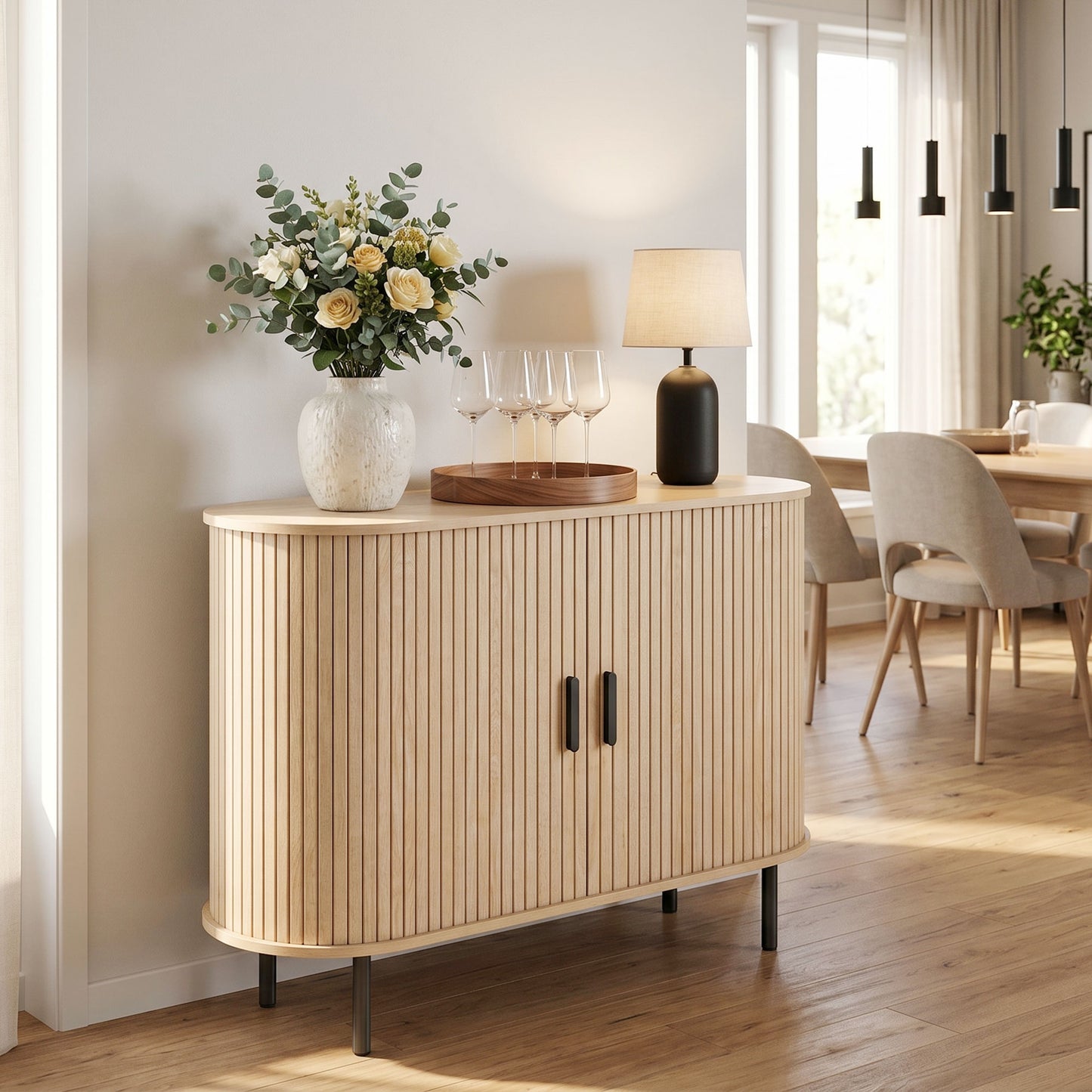 Sideboard Buffet Cabinet with Curved Tambour Doors and Storage, Natural Wood