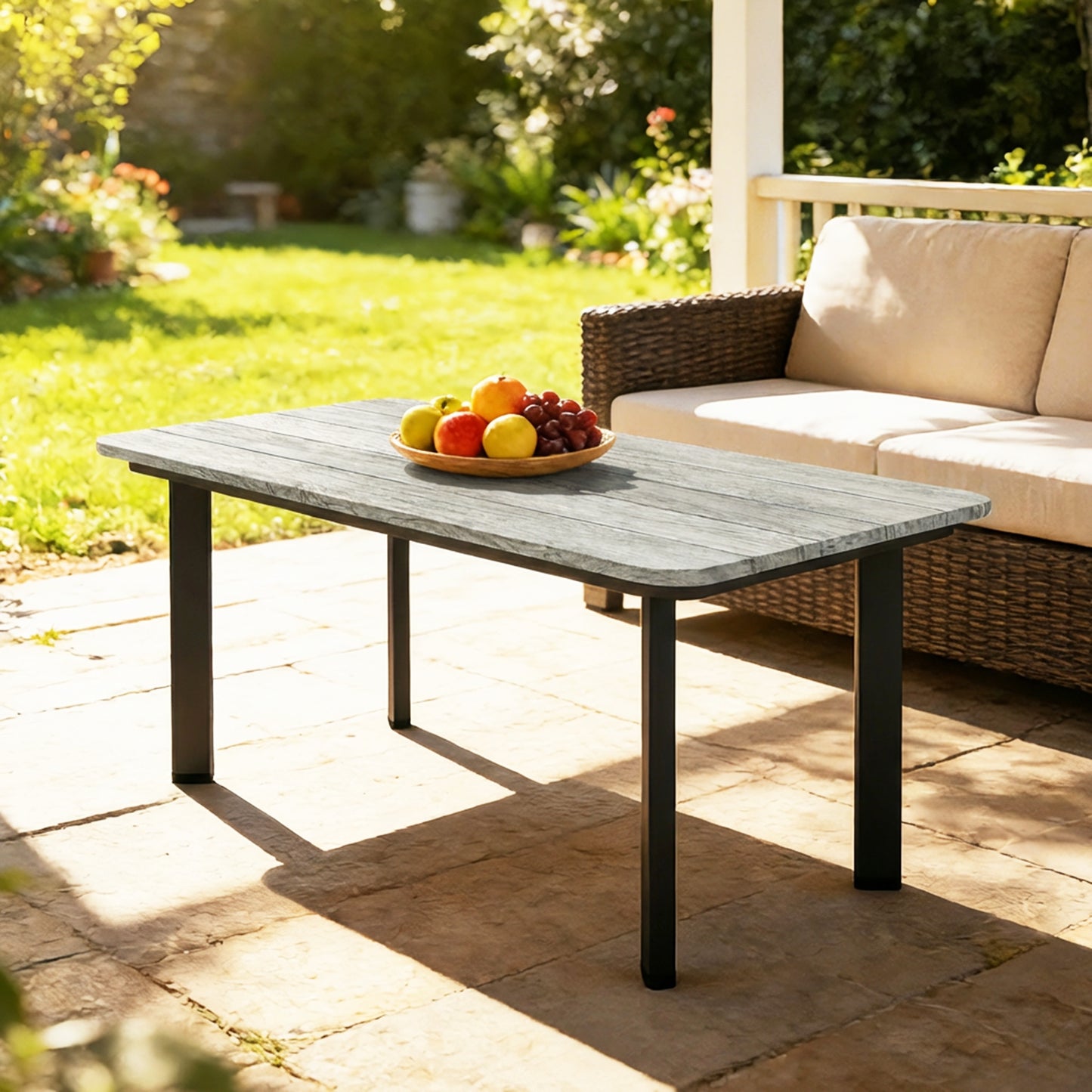 Outdoor Garden Coffee Table, Patio Table with Slatted Wood Plastic Composite Top and Steel Frame, Grey