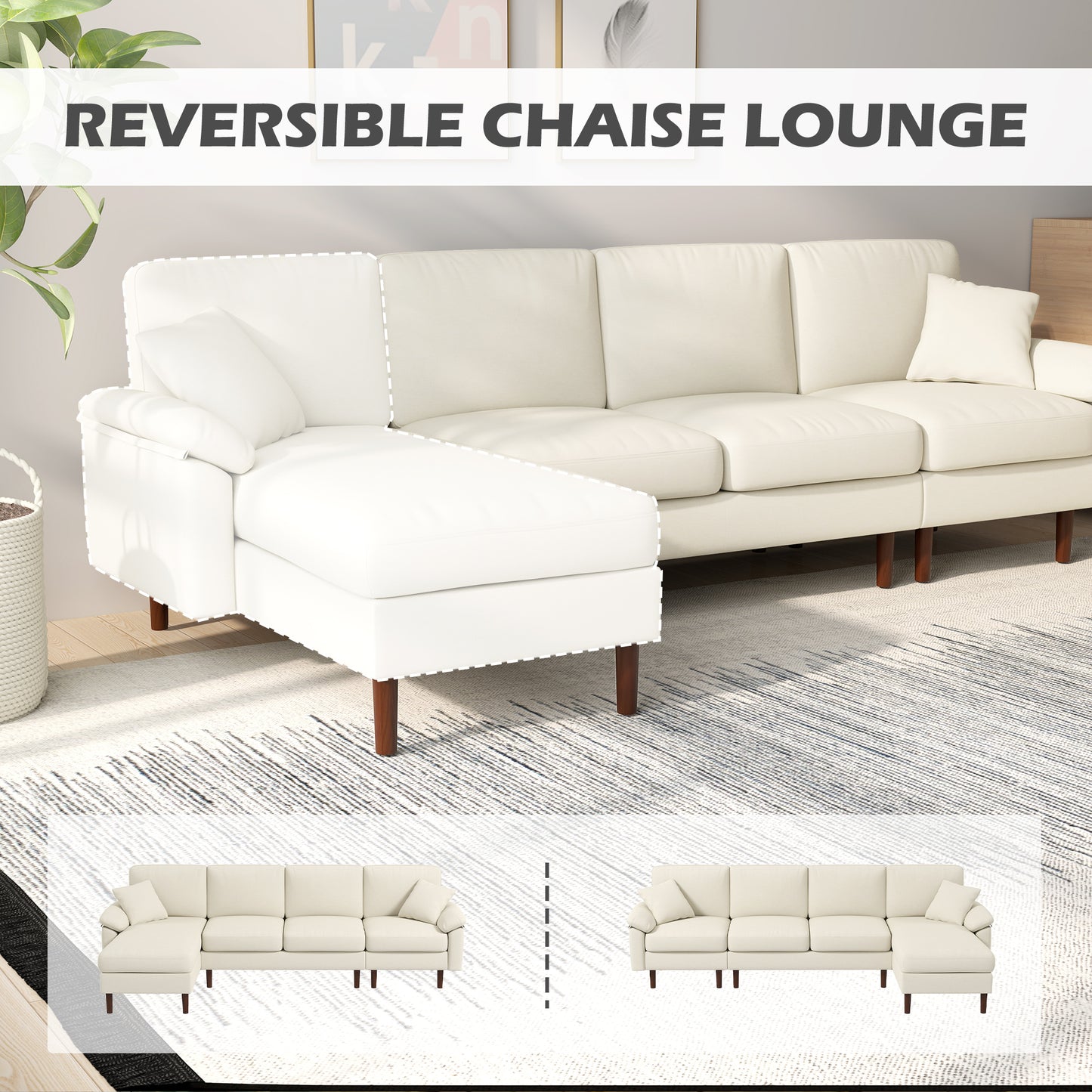 Modern L-Shape Sectional Sofa with Reversible Chaise - Cream White