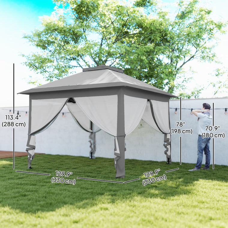 11' x 11' Grey Pop-Up Gazebo with Double Roof & Mesh Sidewalls