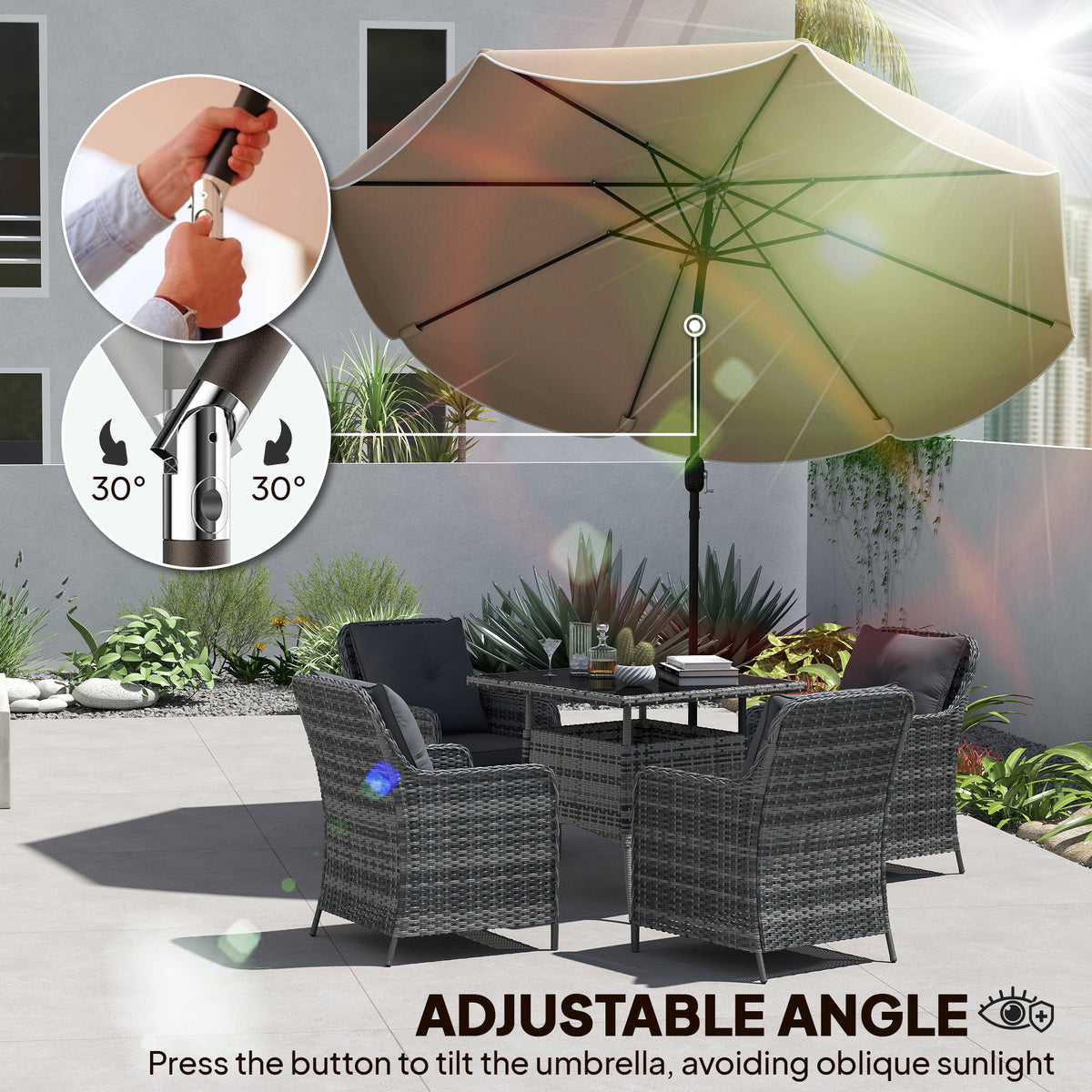 9' x 9' Khaki Round Market Umbrella with Valance & Tilt Crank