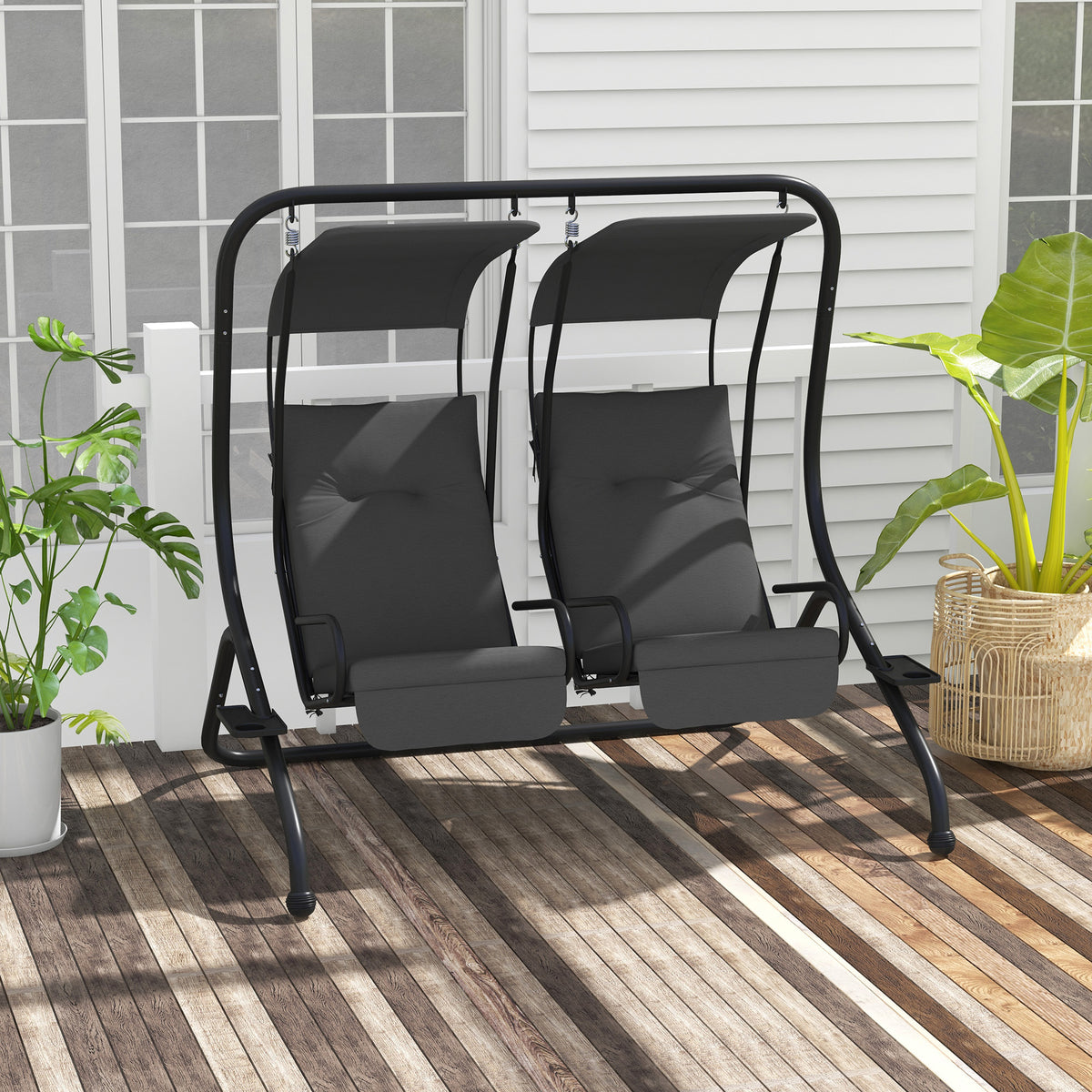 2-Seater Outdoor Porch Swing with Canopy, Patio Swing Chair for Garden, Poolside, Backyard, Black - Grey