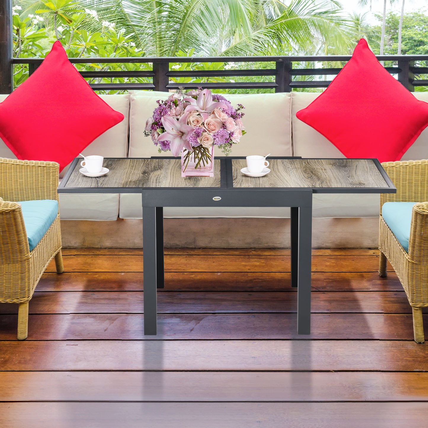 Extendable Dining Table, Rectangular Patio Outdoor Table with Aluminum Frame and Plastic Board Tabletop for Lawn, Grey
