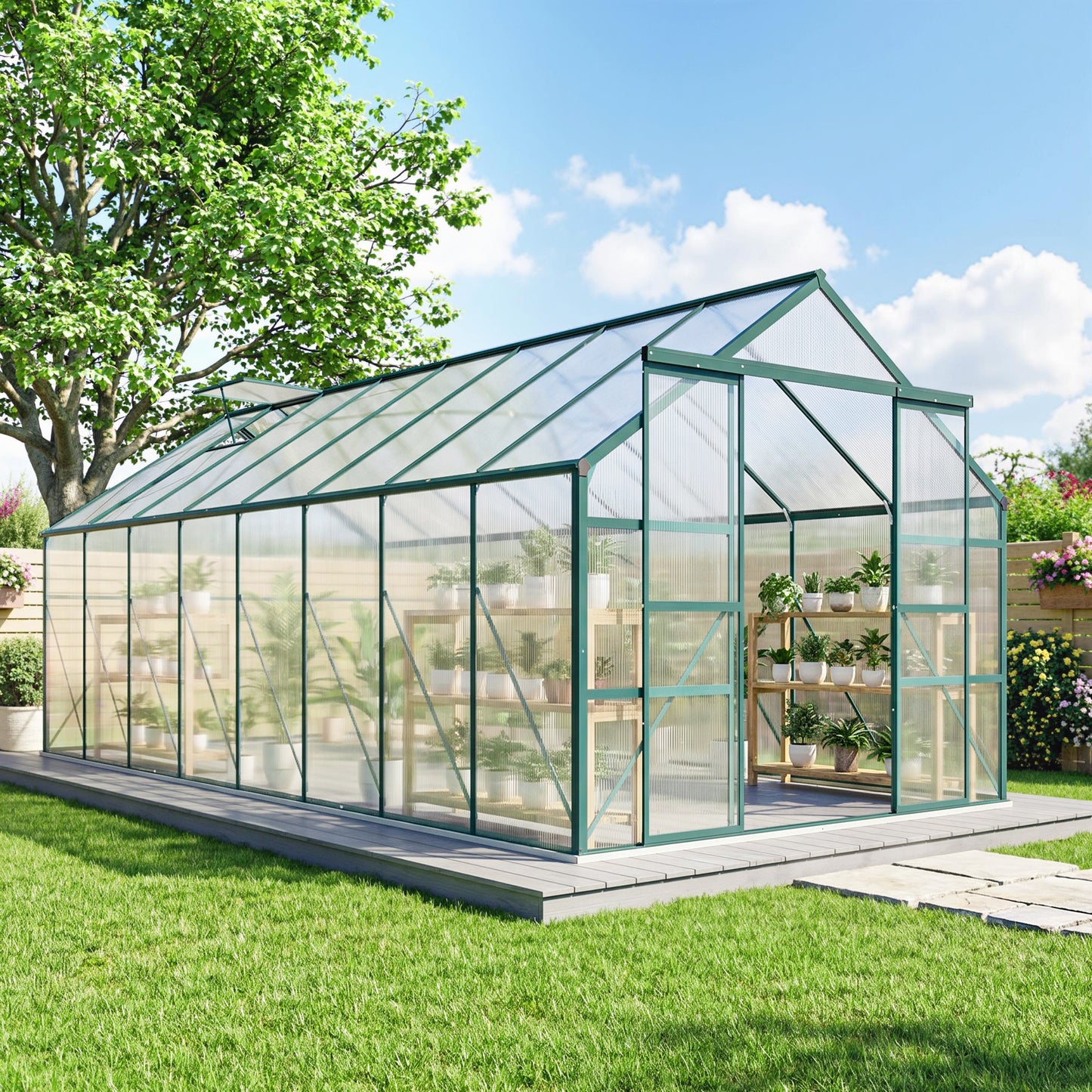 16' x 8' Aluminum Polycarbonate Greenhouse Walk-in Garden Greenhouse Kit with Adjustable Roof Vent, Rain Gutter and Sliding Door for Winter, Green