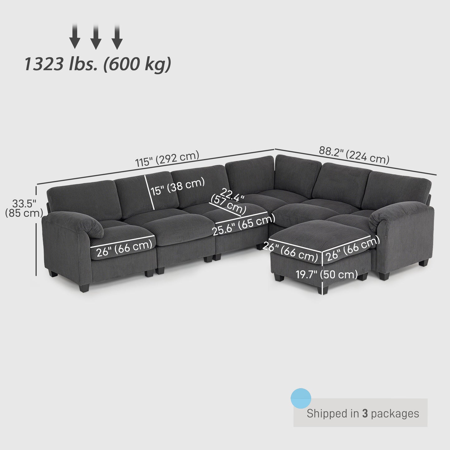 Oversized U-Shape Modular Corduroy Sectional - Charcoal Grey