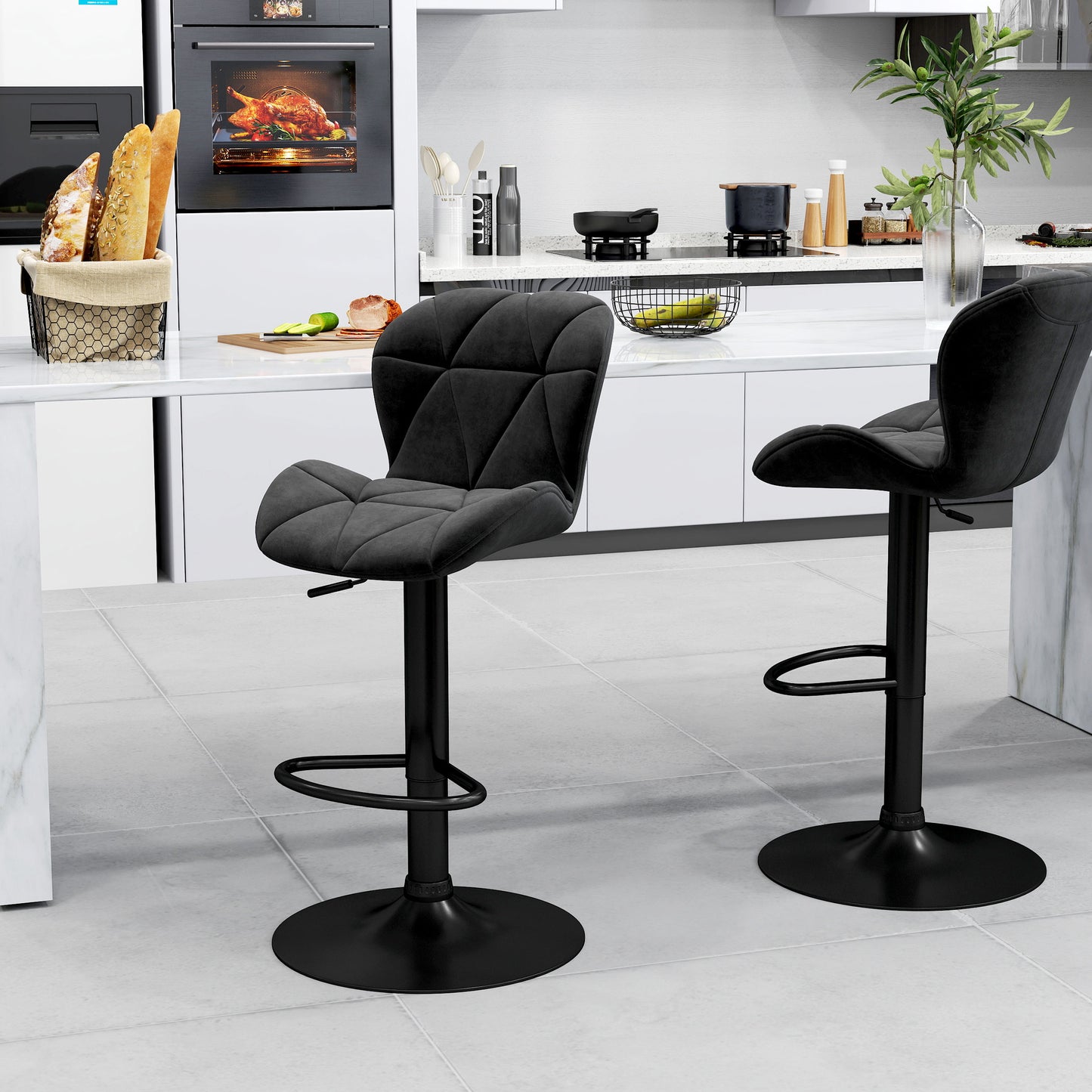 Bar Stool Set of 2 Fabric Adjustable Height Armless Upholstered Counter Chairs with Swivel Seat, Black