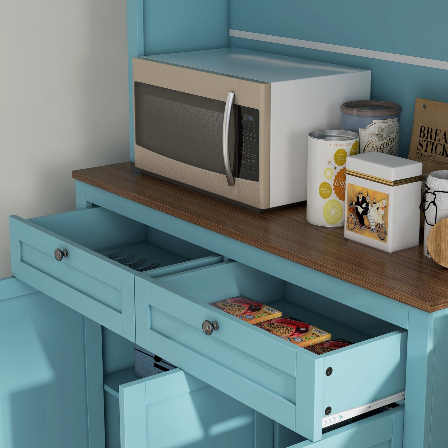 71" Pantry Cabinet with Microwave Space, Buffet with Hutch, 2 Drawers, Adjustable Shelves and Glass Doors, Blue