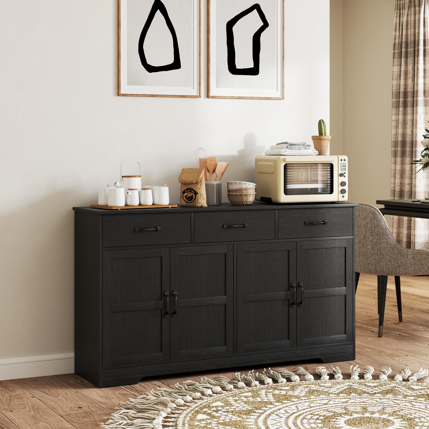 Sideboard Buffet Cabinet with Storage, Modern Coffee Bar Cabinet with 3 Drawers and Adjustable Shelves, Distressed Black