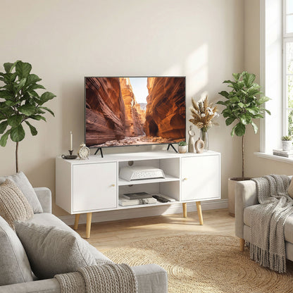TV Stand with Storage Shelves and Wood Legs - White