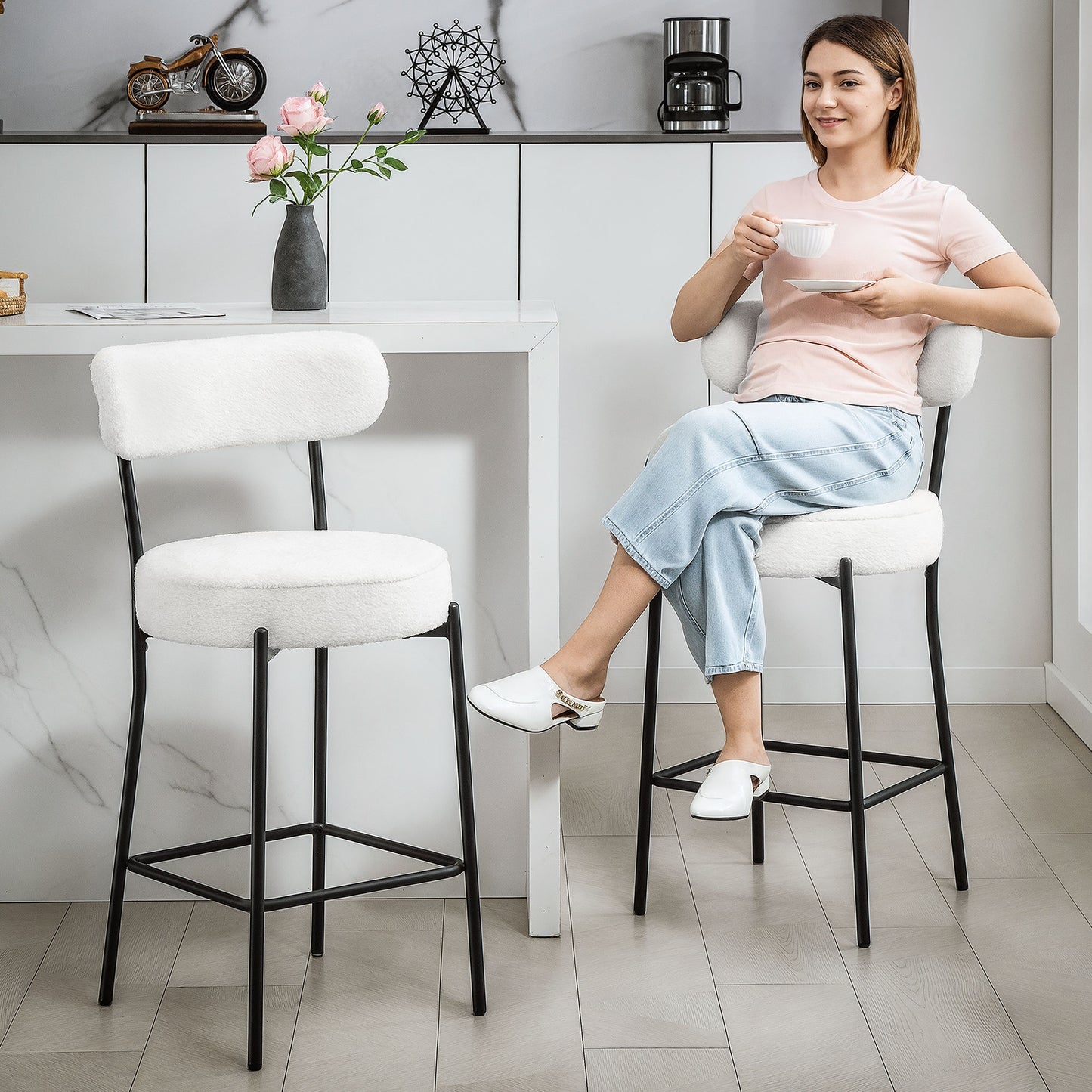 Set of 2 Barstools, Upholstered Bar Stools with Backrest, Footrest for Kitchen Island, Dining Room, Cream White