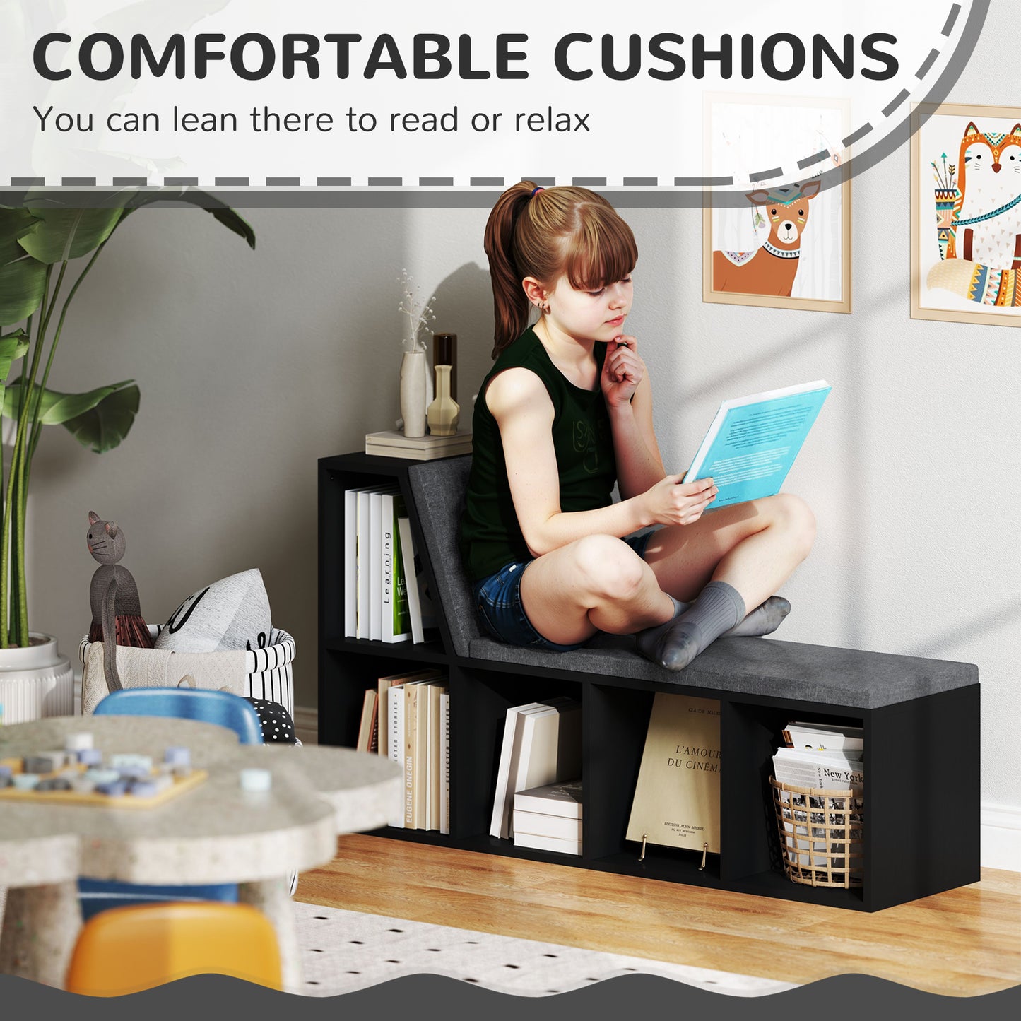Multi-Purpose Bookshelf with 5 Cubes, 5-Cubby Bookcase with Cushioned Reading Nook and Storage Shelves, Distressed Black
