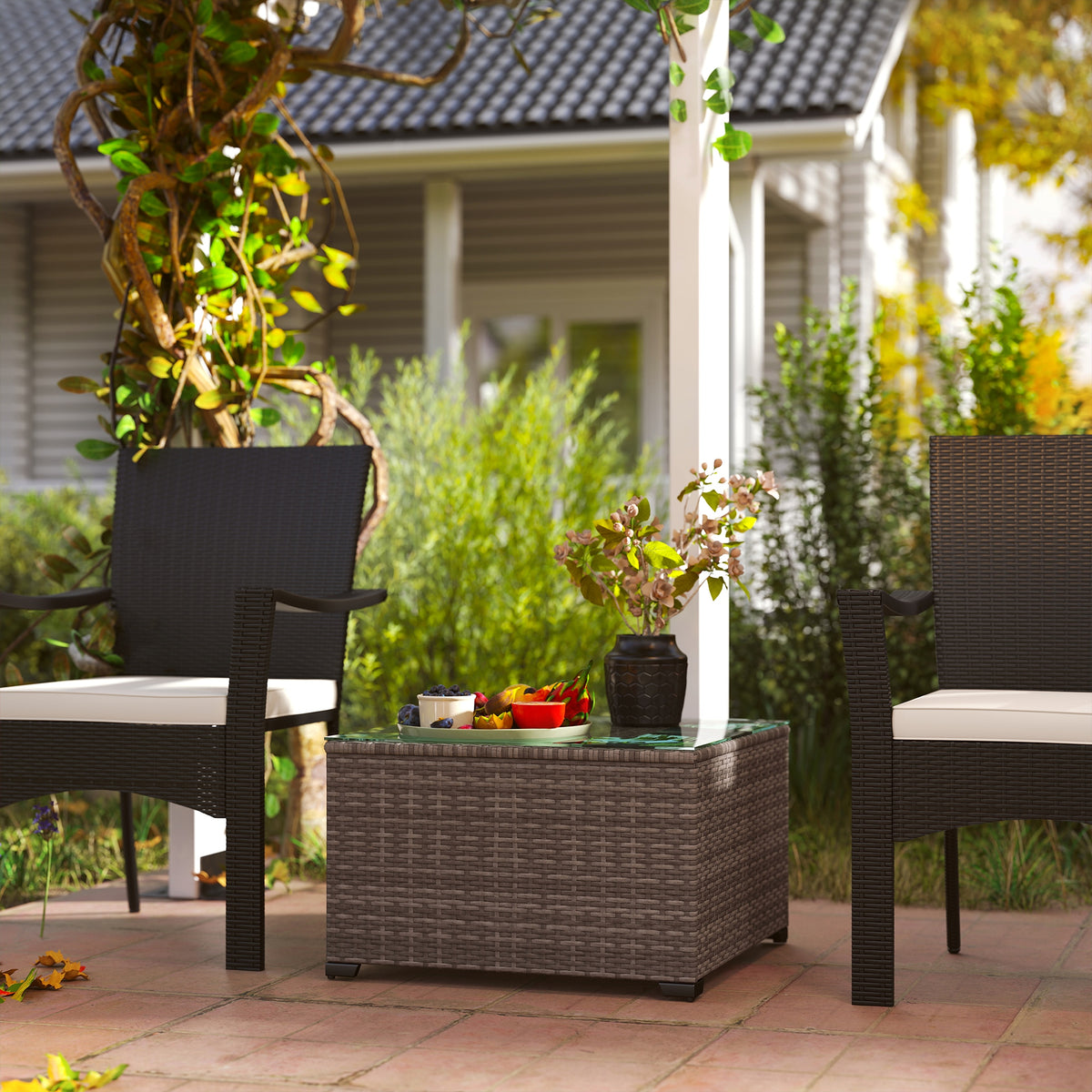 24.4" Patio Wicker Coffee Table, PE Rattan Outdoor Side Table with Tempered Glass Top, Black