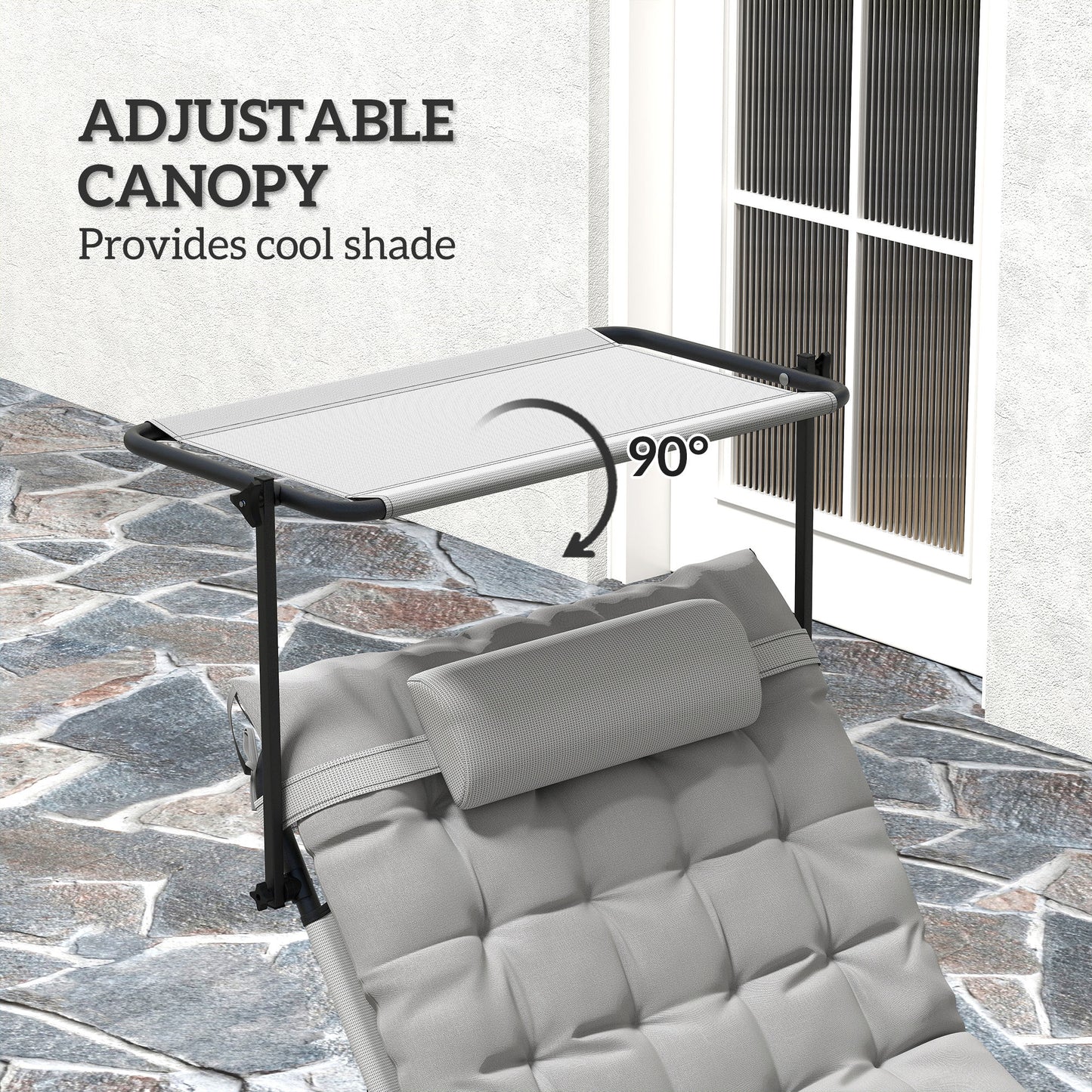 Folding Lounge Chair with Adjustable Canopy, 4-Position Outdoor Tanning Chair with Headrest, Light Grey